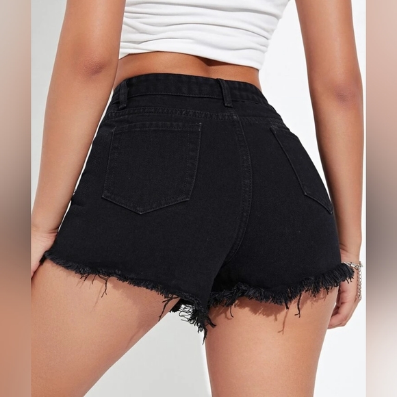 SHEIN High Waist Ripped Raw Trim Denim Shorts - Picture 7 of 11